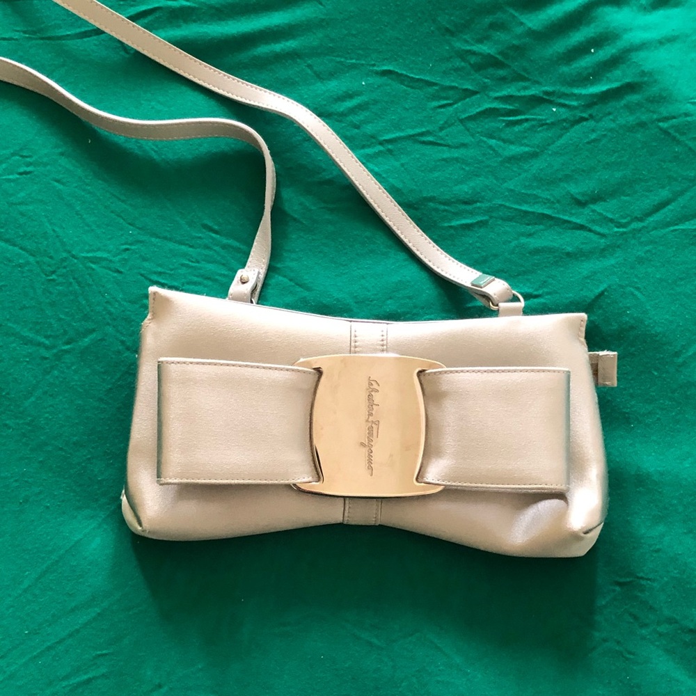 New Salvatore Ferragamo satin and leather trim bow clutch bag in silver / gray